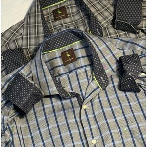 TAILORBYRD Contrast Cuff Long Sleeve Cotton Plaid Pocket Logo Grey Blue SZ XL